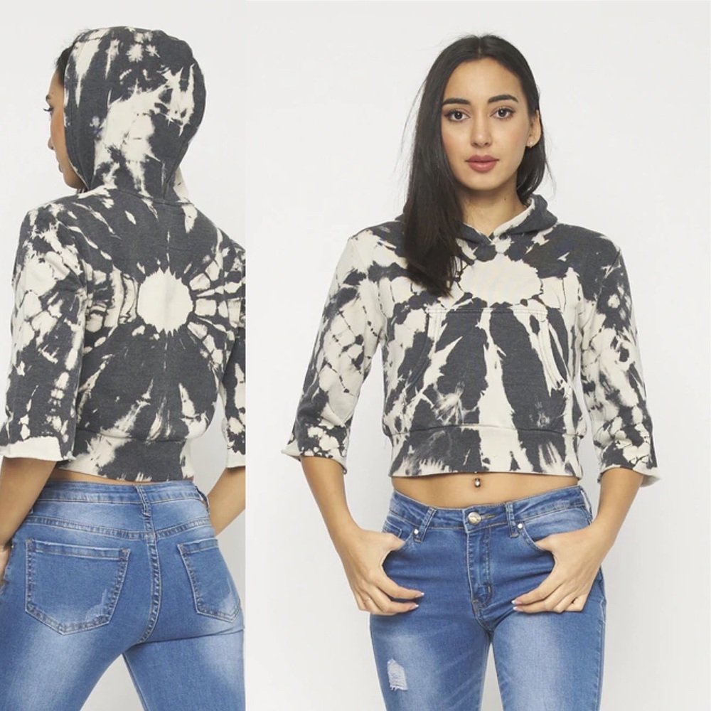 Black TYE DYE 3/4 Sleeve Hooded Crop Top S…